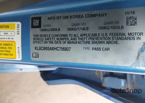 2017 Chevrolet Spark Ls Cvt z USA, uszkodzony, nr VIN KL8CB6SA6HC756807